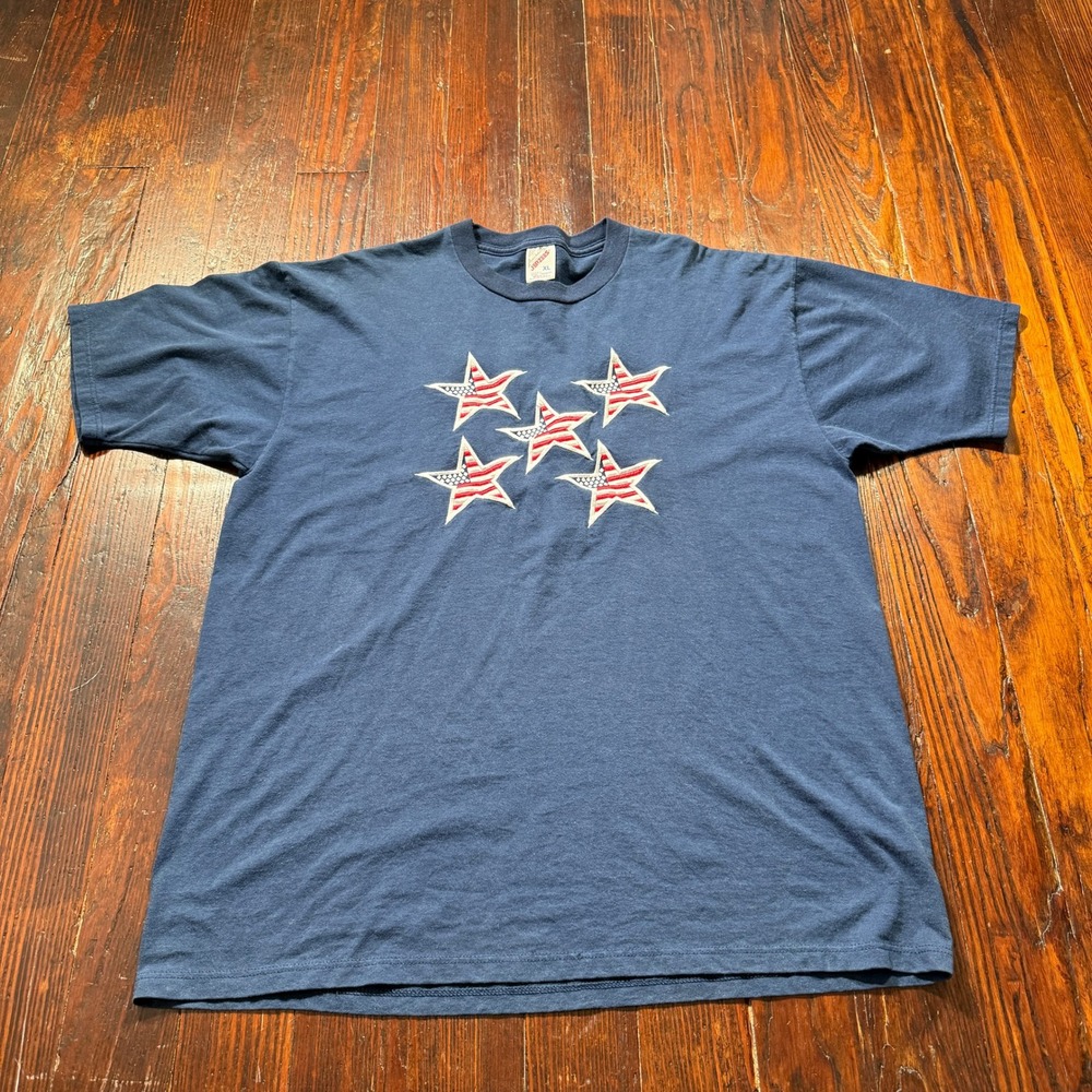 Vintage Jerzees Tee Shirt Mens XL Blue American Flag Stars Patriotic USA‎ Made